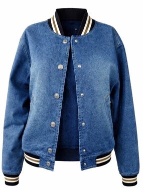 Madden Girl Denim Bomber Jacket Varsity Style Snap Front Women’s XS